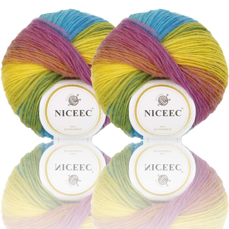 NICEEC 2 Skeins Rainbow Soft Yarn 100% Wool Gradient Multi Color Yarn for Crocheting Knit Total Length 180mÃ—2(196ydsÃ—2,50gÃ—2)-24 - Image 1
